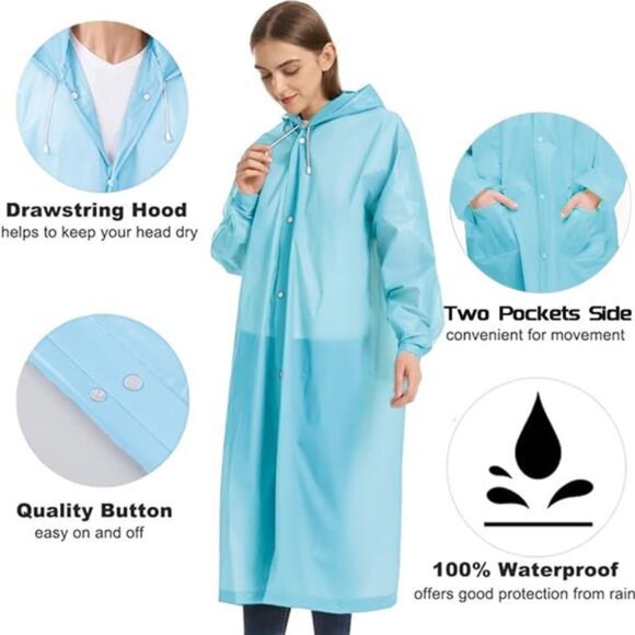 Waterproof Rain Poncho – Reusable Long Clear Raincoat for Women - Picture 5 of 7